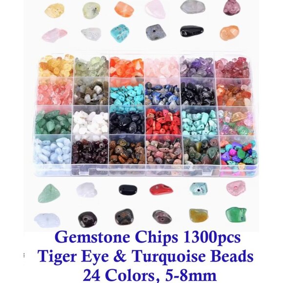 Gemstone Chips 1300pcs  Tiger Eye & Turquoise Beads   24 Colors, 5-8mm - Picture 2 of 4